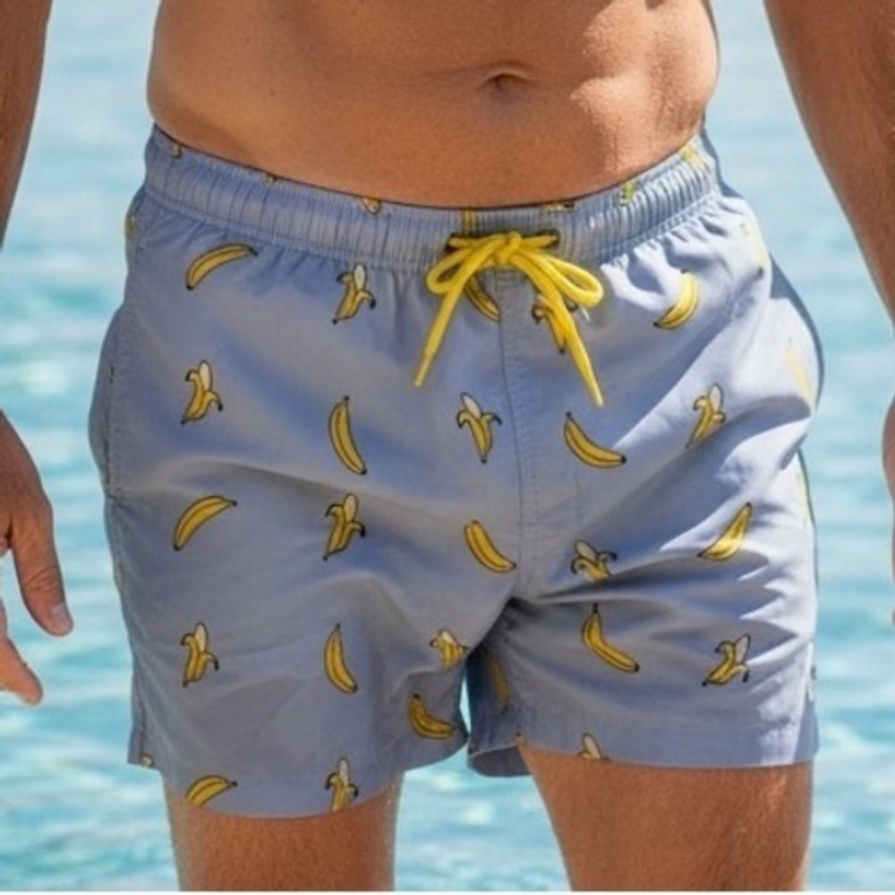 Eubi Mens Banana Print Swim Trunks Light Blue Yellow Drawstring Shorts Size S